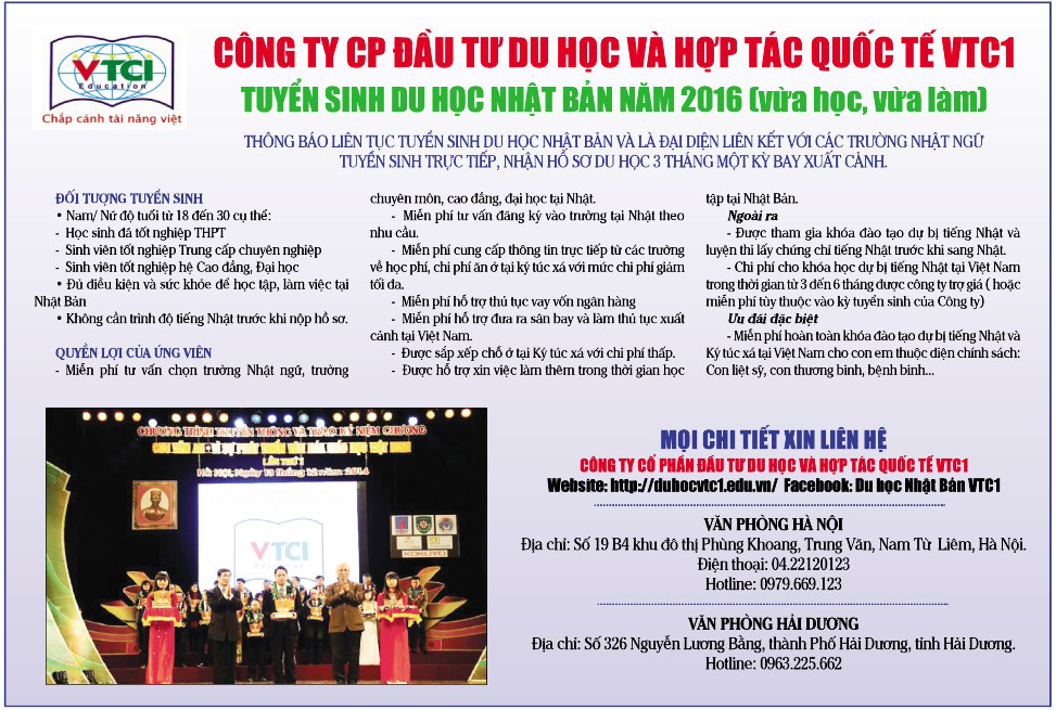 THÔNG BÁO TUYỂN SINH DU HỌC NHẬT BẢN 2016