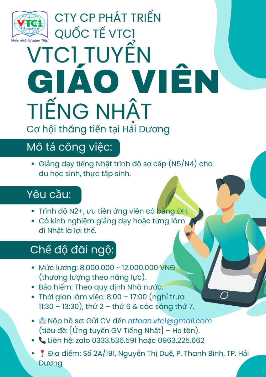 📢 VTC1 TUYỂN GIÁO VIÊN TIẾNG NHẬT – CƠ HỘI THĂNG TIẾN TẠI HẢI DƯƠNG